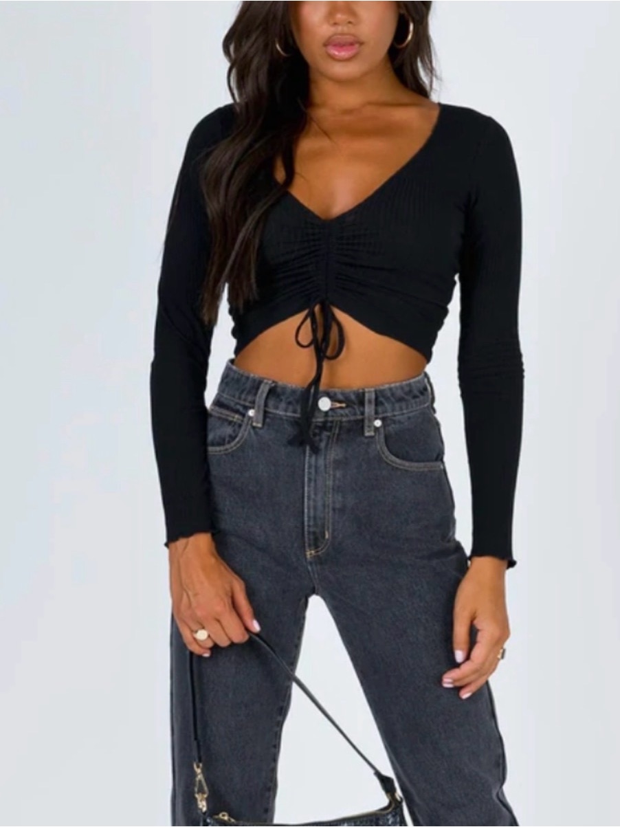 Princess Polly Black Ruched Tie-Front Crop Top - Women's
